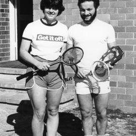 Winners of the Open Division of the University Squash Championships Kay Stone & Trevor Harvey, with their prizes and the John Pegg Shield, the University of Newcastle, Australia