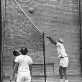 Staff Keep-Fit members playing volleyball, the University of Newcastle, Australia, 1975