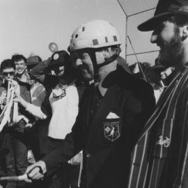 Professor Godfrey Tanner with baseball players at the opening of the Comsteel Oval Baseball Field, the University of Newcastle, Australia - 1985