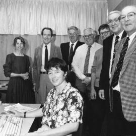 Professor Michael Carter (far right) and Professor Winston Dunlop (centre) with an unidentified group of people, the University of Newcastle, Australia - 1992
