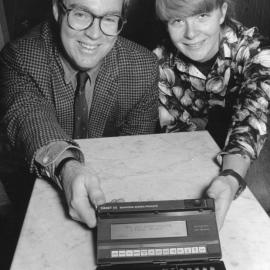 Dr Justin Kenardy and Ms Catherine Adams showing the Cadet III Behavioural Science Product to be used in panic disorder study, the University of Newcastle, Australia - 1991