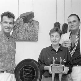 Michael Keighery, Pam Sinnott (centre) holding a ceramic art work, and Ken Levison, the University of Newcastle, Australia