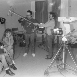 Unidentified people on a film set, the University of Newcastle, Australia