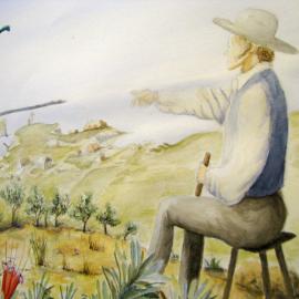 Seated man [Thomas Mitchell?] overlooking Newcastle - Artwork by Katherine Pearce - Sir Thomas Mitchell Project - Newcastle 1828