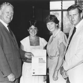Scholarship Winner, Merredy Brown, the University of Newcastle student who won the 1984 Greater Newcastle Permanent Building Society Scholarship with Mr Fraser, Beryl Nashar and an unidentified man – Uni News 10/3, Australia