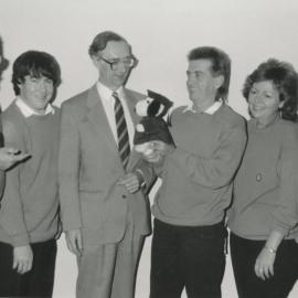 Noel Leggett (far right) with unidentified members of the University Challenge team with Vice-Chancellor, Professor Keith Morgan, the University of Newcastle, Australia - 1989