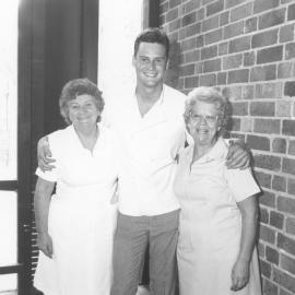 Retirement Photo: Mrs Freda Bartlett with the Head Chef, Mr Roy Pinter, and Mrs Lesley Wallace before they ceased working for the Shortland Union, the University of Newcastle, Australia - 1988