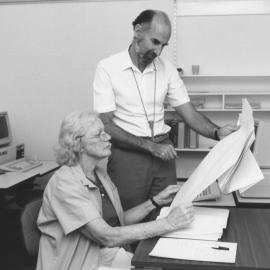 Professor Richard Heller with an unidentified colleague conducts research on heredity versus environmental factors in heart disease, the University of Newcastle, Australia