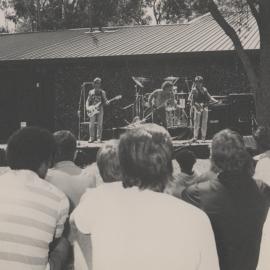 Students listen to a band in the Shortland Union Courtyard, the University of Newcastle, Australia - 1988