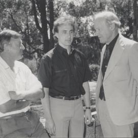Professor Godfrey Tanner (l) and Bernie Curran (r) with an unidentified man, the University of Newcastle, Australia