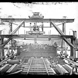 Workmen constructing Dora Creek Railway Bridge, Dora Creek, NSW, 14 March 1887