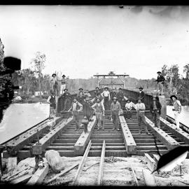 Workmen constructing Dora Creek Railway Bridge, Dora Creek, NSW, 14 March 1887