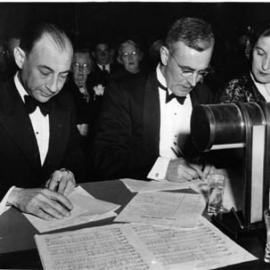 Alexander Burnard (centre) as adjudicator at the Melbourne Town Hall, 10th October 1949