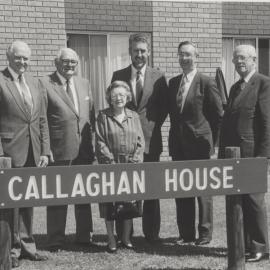 The official Opening of Callaghan House,  (L to R) - Dr. D. Sanders, Sir Bede Callaghan, Lady Callaghan, Dr Michael Blackmore, Vice-Chancellor, Professor Keith Morgan and Dr Alec Forsythe, the University of Newcastle, Australia - 1987