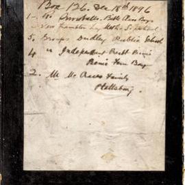 Ralph Snowball Collection, original glass plate box listing, Box 126, 18 December 1896