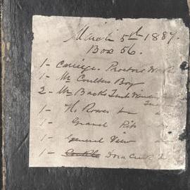Ralph Snowball Collection, original glass plate box listing, Box 56, 5 March 1887