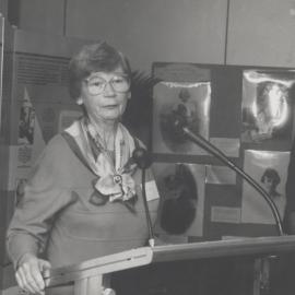 Beryl Nashar delivers a speech at 'The Women in the Workforce' exhibition at the University of Newcastle, Australia