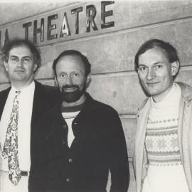 Professor David Frost (left), Michael Ewans (right) with an unidentified academic, outside the Drama Theatre, the University of Newcastle, Australia