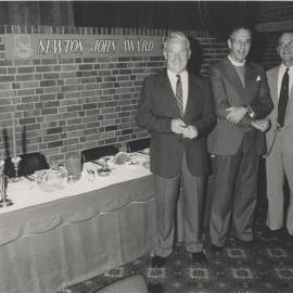 Mr Vic Rooney (l) recipient of the 1985 Newton-John Award with Father James Bromley and Vice-Chancellor, Professor Don George, the University of Newcastle, Australia - 1986