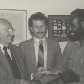Peter Hempenstall (centre) with two unidentified men, the University of Newcastle, Australia