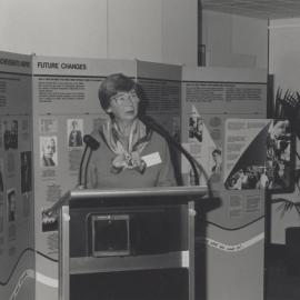 Emeritus Professor Beryl Nashar speaking at the opening of the Women in the Workforce exhibition, the University of Newcastle, Australia - 1989