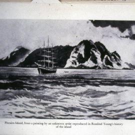 Illustration, Pitcairn Island, from a painting by an unknown artist reproduced in Rosalind Young's History of the Island