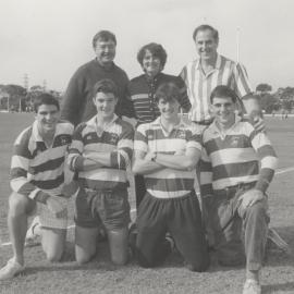 Heanley Family - Steven, James, Paul and Mark with parents Peter and Hilary, along with Dr. Bernie Curran (l) in the background, University Rugby Players at the University of Newcastle, Australia - 1988
