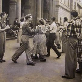 Students dancing outside Newcastle Post Office, Newcastle Teachers' College, Australia - 1952
