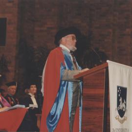Thomas Keneally speaks at student graduation ceremony, 8 May 1997, 10.30am, the University of Newcastle, Australia
