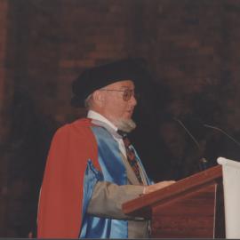 Thomas Keneally speaks at student graduation ceremony, 8 May 1997, 10.30am, the University of Newcastle, Australia