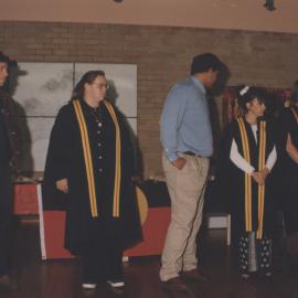 Graduating students celebrate after the student graduation ceremony,  8 May 1997, 10.30am, the University of Newcastle, Australia