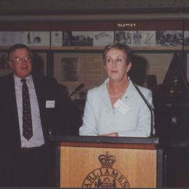 Official University Function - Patricia Forsythe makes a speech. Bernie Curran can be seen in the background, Parliament House, NSW, Australia - c.1999