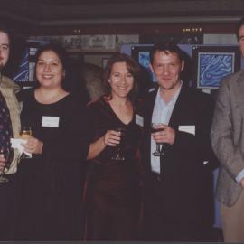 Official University Function - From left: Leon Tribe, [name redacted], Meredith McGowan, Jason Thornton, [Oliver Dreyfus], Parliament House, NSW, Australia - c.1999