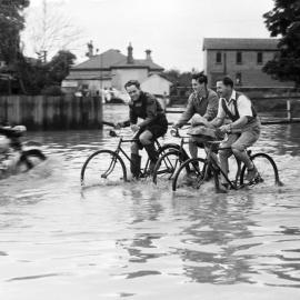 Four gentlemen riding bicycles through flood water, 1955: Lucey Collection