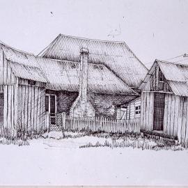 Illustration, old slab cottage, by S Pile