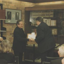 Bishop Michael Malone and Bernie Curran at the Presentation of the Bishop's Library, Archives and Special Collections, Auchmuty Library, the University of Newcastle, Australia -  6 August 1997