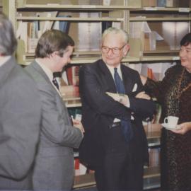 An unidentified gentleman, Harrison Bryan and Pat Flowers at the 500,000th book presentation, Auchmuty library, the University of Newcastle, Australia - 10 August 1984