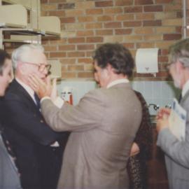 Neil Radford, Harrison Bryan, Ted and Pat Flowers with an unidentified gentleman, at the 500,000th book presentation, Auchmuty Library, the University of Newcastle, Australia - 10 August 1984