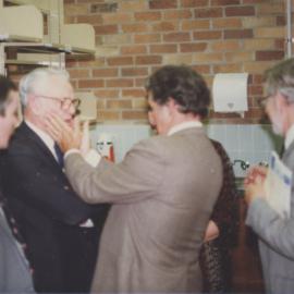 An unidentified gentleman, Harrison Bryan, Ted and Pat Flowers and  another unidentified gentleman, at the 500,000th book presentation, Auchmuty Library, the University of Newcastle, Australia - 10 August 1984