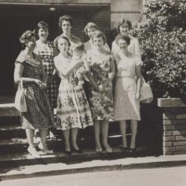 Newcastle University College library staff - Back Row: Pam Glock, Katie Hudson, Betty Lorenc, Janet Brice. Front Row:  Pat Flowers (visiting), Margaret Scott (nursing Karl Flowers), Wendy Waldon, Lurline Markham, Newcastle, Australia - 1960