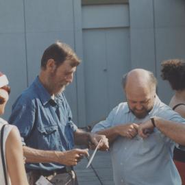 Leanne Turnbull, Mick Fauchon, Brian Evans, Rear - Carla Pilarski and Kaye Cleary at a Library Christmas Party, Auchmuty Library Roof Garden, the University of Newcastle, Australia - 1997