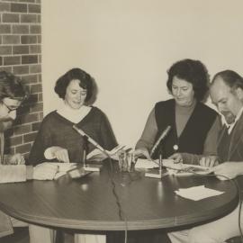 Brian Smith, Jean Talbot, Sybil Smith and Norman Talbot broadcasting a reading of Lewis Carroll's Alice in Wonderland from 2NUR-FM, the University of Newcastle, Australia - 1979
