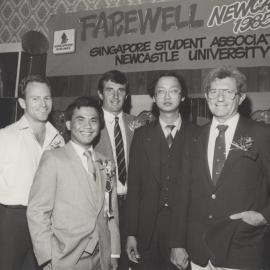 Ross Wisehart (Singapore Airlines), Heng Hock Heng (Singapore Students' Association), John Jenkins (Jayes Travel), Alex Ngian (SSA) and John Armstrong (Convocation) at the farewell dinner, the University of Newcastle, Australia - 1985