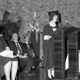 Graduation Ceremony - Professor Jenny Graham  introduces Dr. Colin Glass (Honorary Degree recipient) to the graduation ceremony audience, the University of Newcastle, Australia - 1 May, 1993