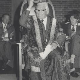 Chancellor Sir Bede Callaghan at graduation ceremony 1980s, The University of Newcastle, Australia