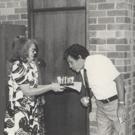 Elizabeth Guilford and Ted Flowers - photograph taken at the 20th anniversary celebrations of the appointment of Mr. E. Flowers as Librarian, University of Newcastle, May, 1981