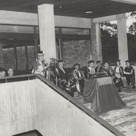 Vice-Chancellor Auchmuty addresses the audience at opening of Library, Stage 1, 7 February 1968