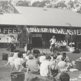 No Fees Campaign - At the microphone is Students Representative Council President Chris Craig. Glenn Stuart Beatty (seen on left) manning the sound desk, the University of Newcastle, Australia - 1988