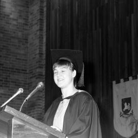 Graduation Ceremony - Sally Cowling (University Medalist who received Honours Class I in her Bachelor of Economics degree) addresses the graduation ceremony audience, the University of Newcastle, Australia - 30 April 1993
