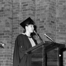 Graduation Ceremony - Sally Cowling (University Medalist who received Honours Class I in her Bachelor of Economics degree) addresses the graduation ceremony audience, the University of Newcastle, Australia - 30 April 1993